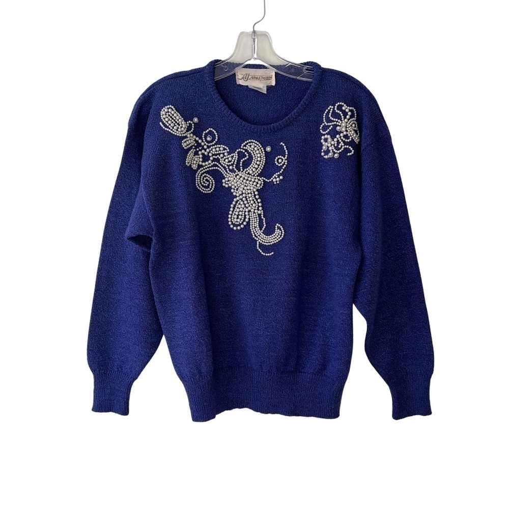Vintage 80s Cobalt Blue Beaded Pearl Knit Pullover Crewneck Retro Sweater